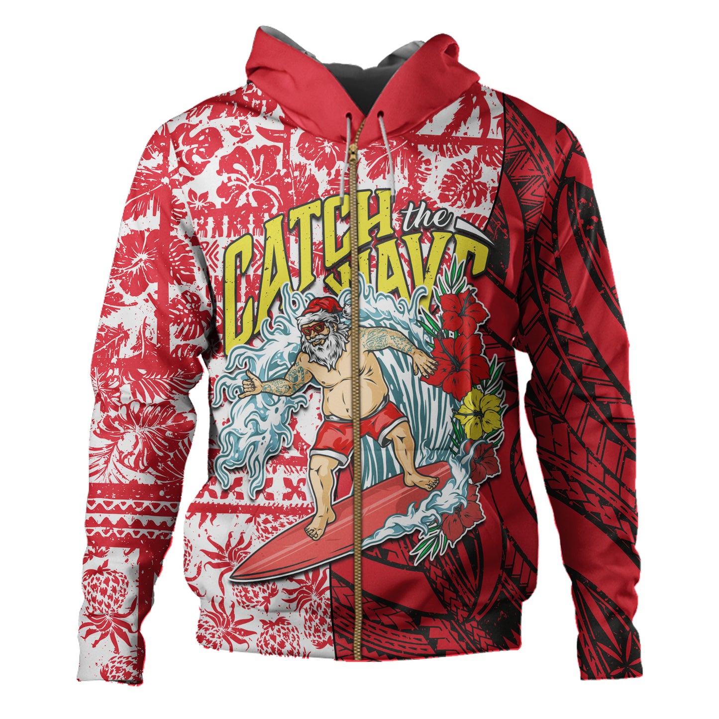 Hawaii Christmas Hoodie Surfing Santa Polynesian Pattern Vintage Style