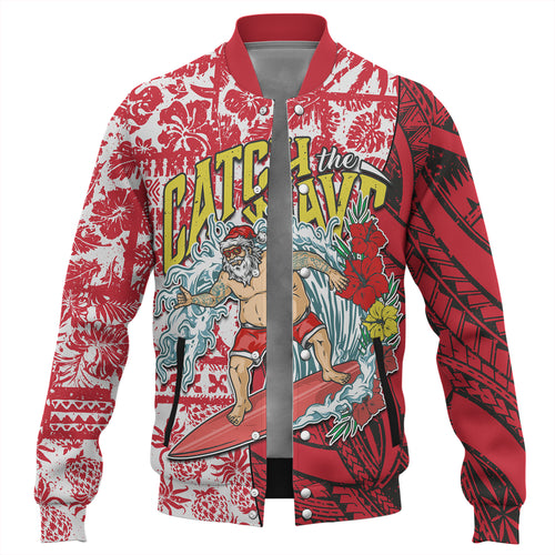 Hawaii Christmas Baseball Jacket Surfing Santa Polynesian Pattern Vintage Style