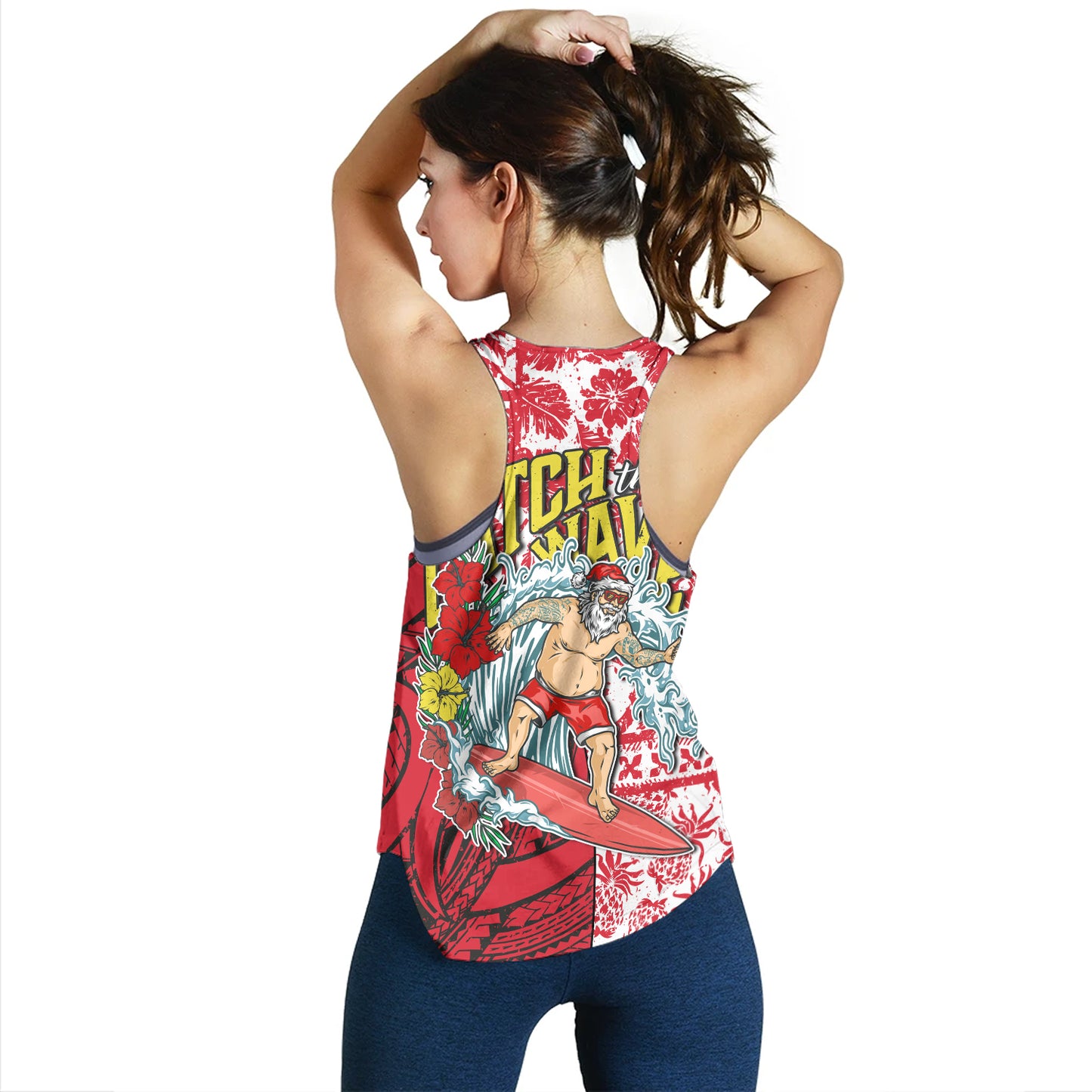Hawaii Christmas Women Tank Surfing Santa Polynesian Pattern Vintage Style