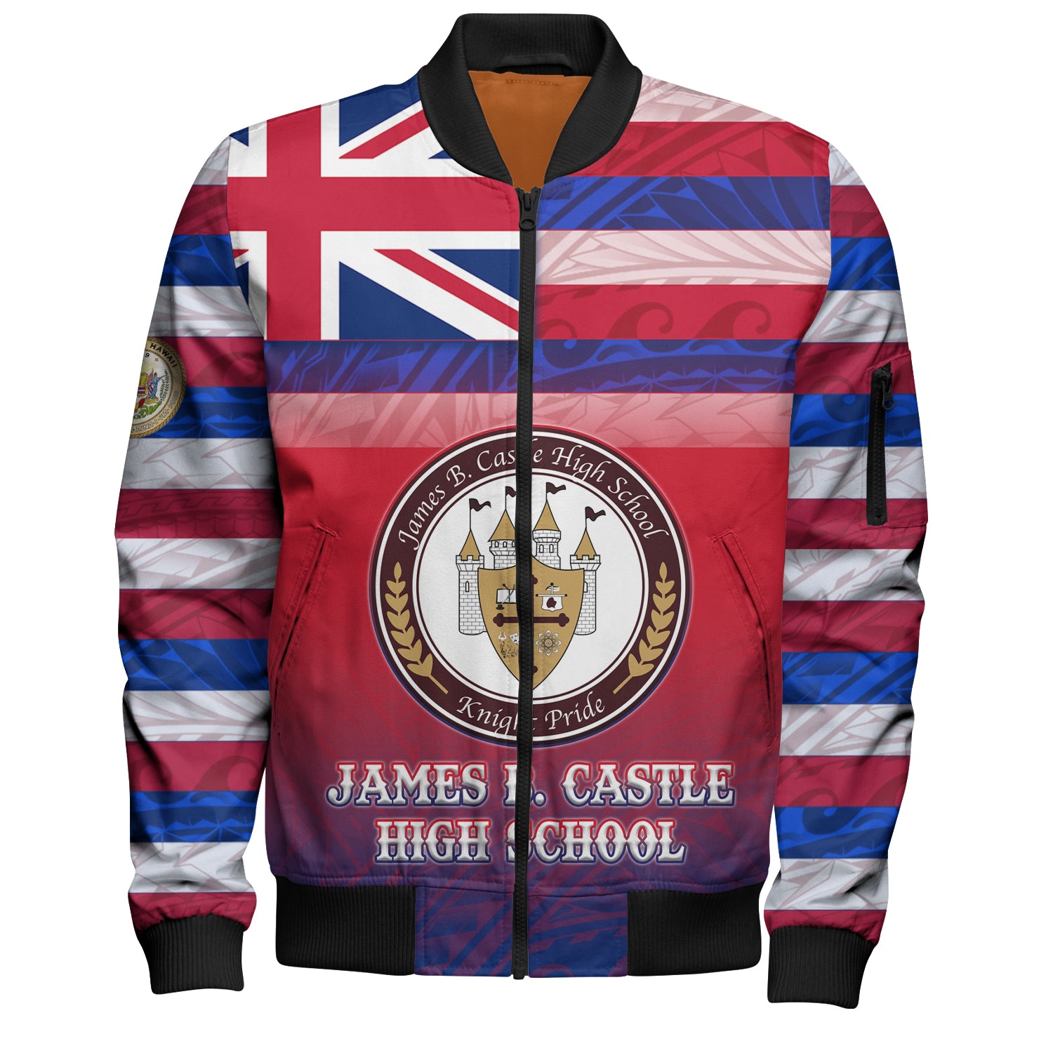 Hawaii James B. Castle High School Bomber Jacket Flag Color With Traditional Patterns