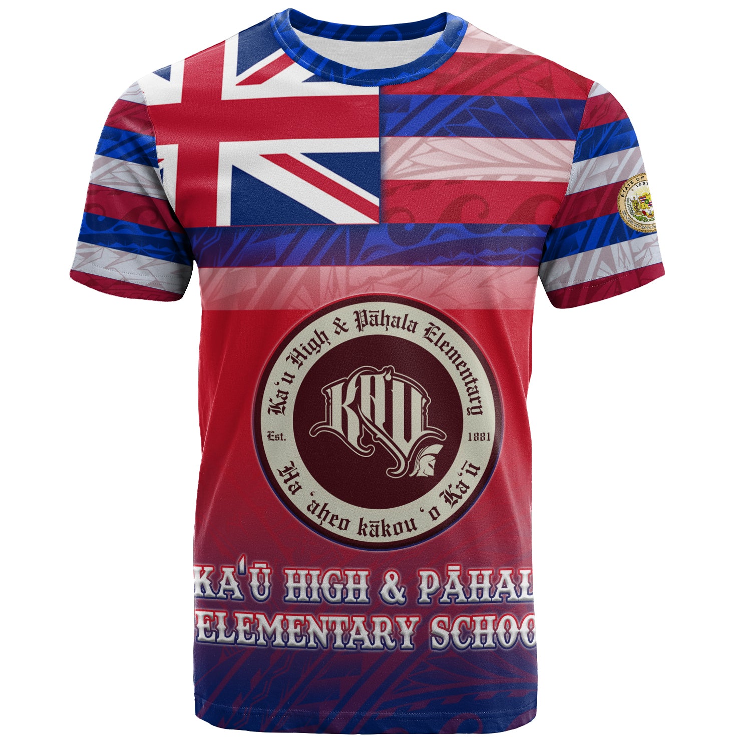Hawaii Kaʻū High & PÄhala Elementary School T-Shirt Flag Color With Traditional Patterns