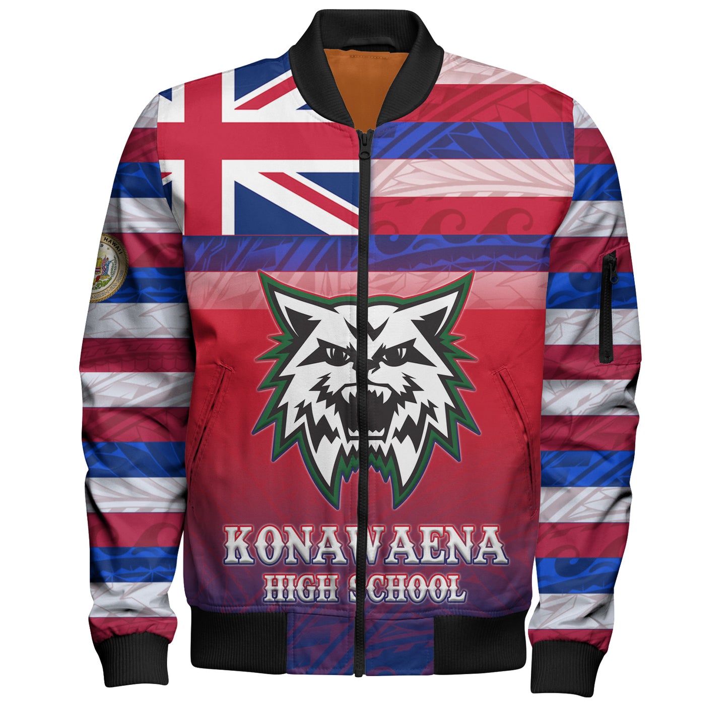 Hawaii Konawaena High School Bomber Jacket Flag Color With Traditional Patterns