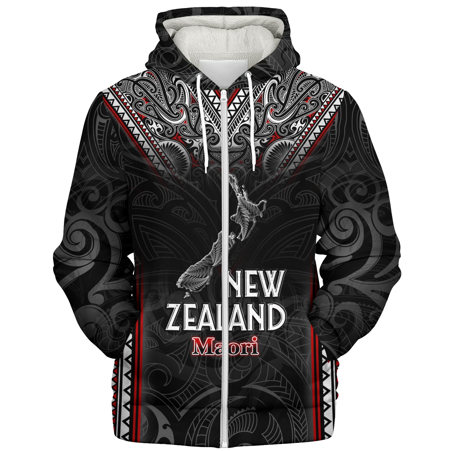 New Zealand Sherpa Hoodie Maori Patterns With Map Silver Fern