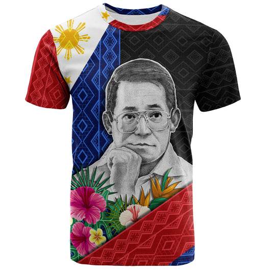 Philippines Filipinos T-Shirt Ninoy Aquino With Tropical Flowers