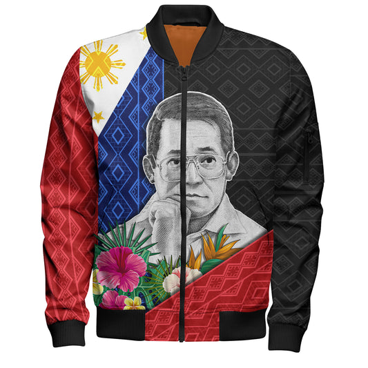 Philippines Filipinos Bomber Jacket Ninoy Aquino With Tropical Flowers