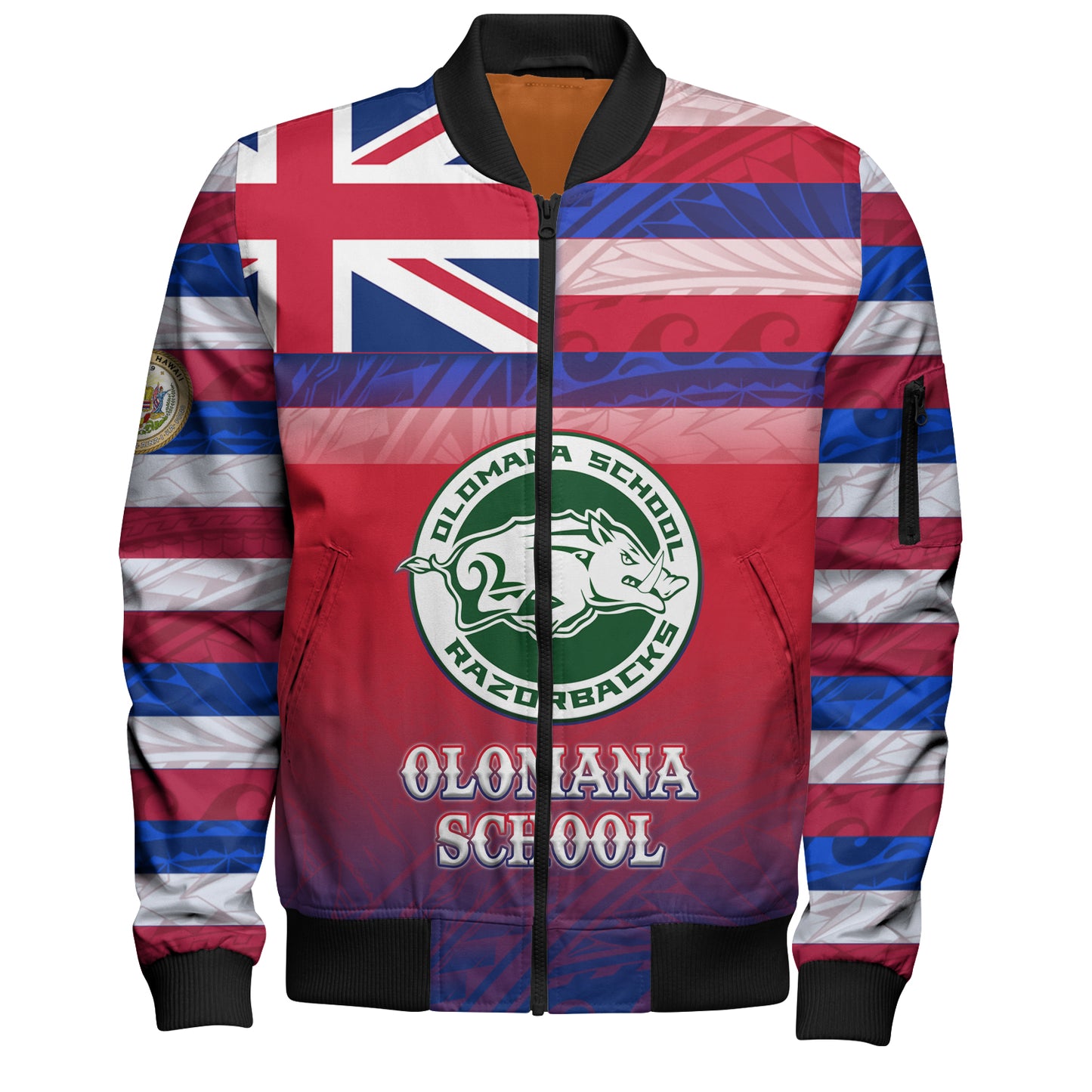 Hawaii Olomana High School Bomber Jacket Flag Color With Traditional Patterns