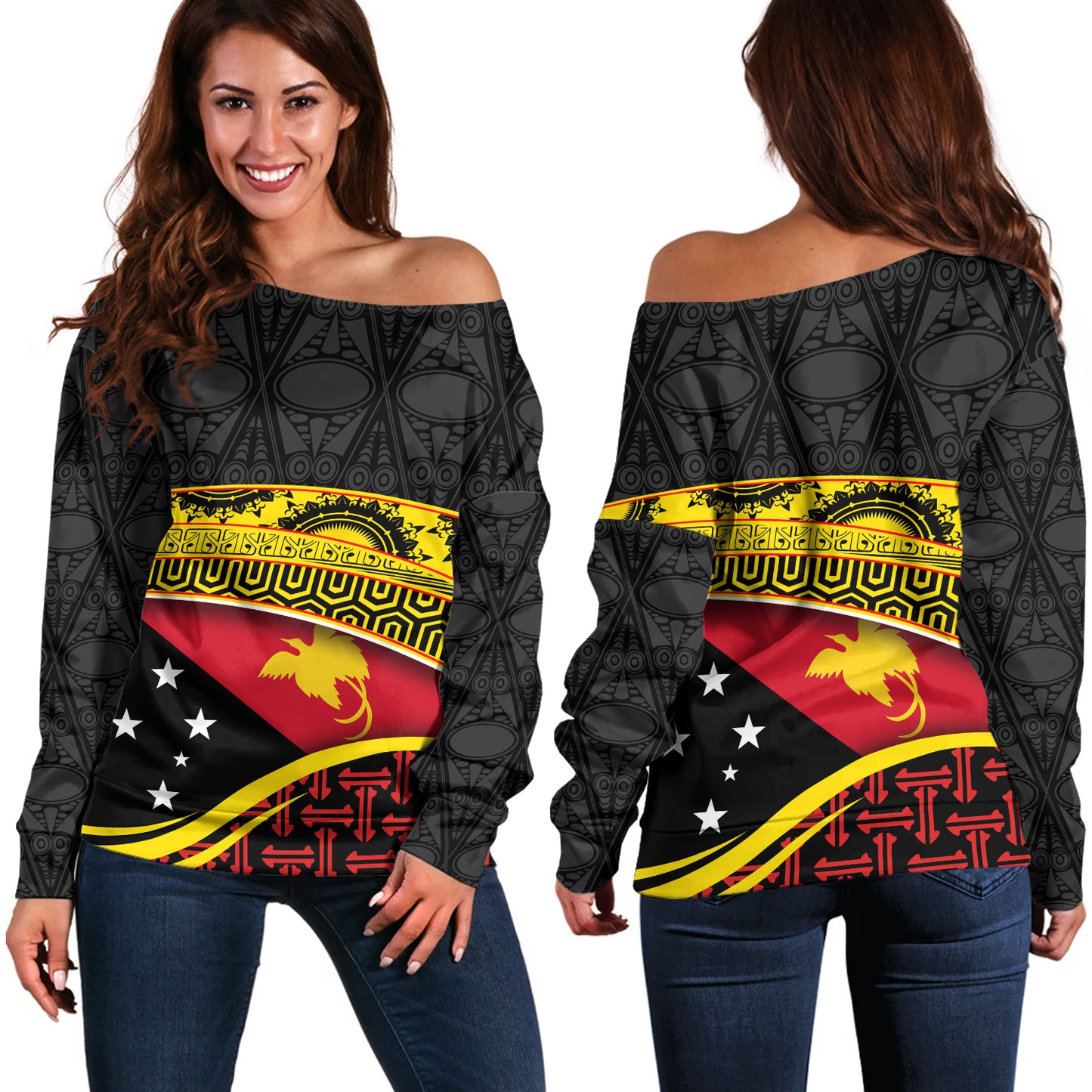 Papua New Guinea Custom Personalized Off Shoulder Sweatshirt With Tribal Motif Independence Day 2023