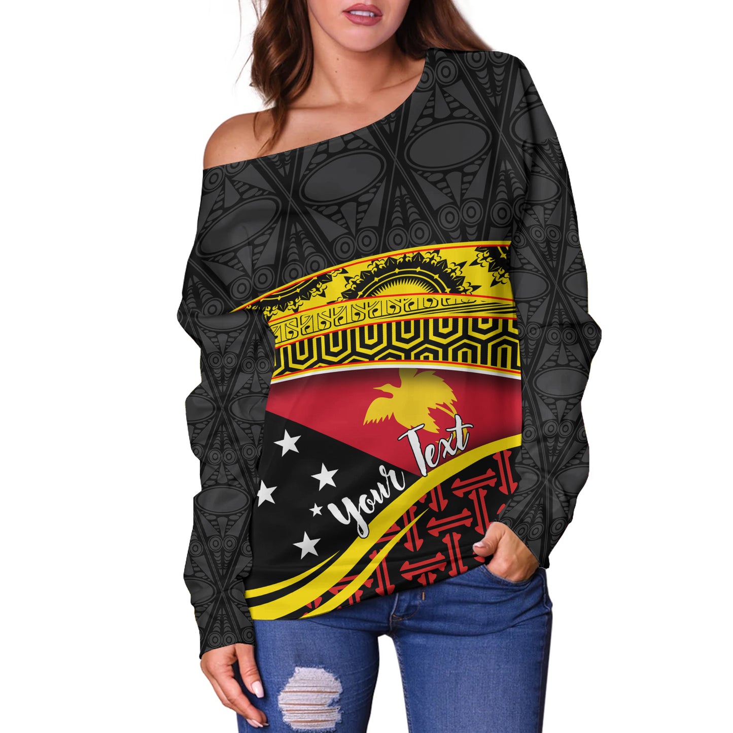 Papua New Guinea Custom Personalized Off Shoulder Sweatshirt With Tribal Motif Independence Day 2023