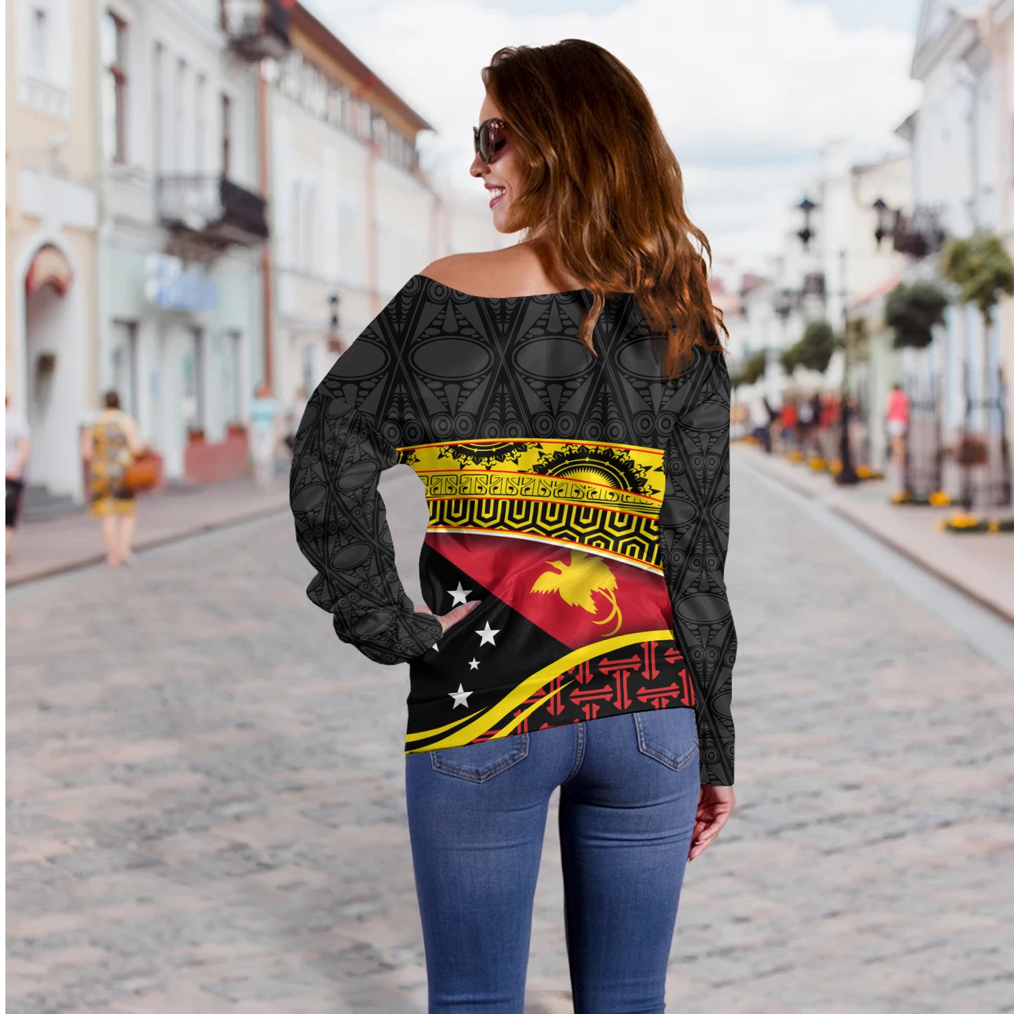 Papua New Guinea Custom Personalized Off Shoulder Sweatshirt With Tribal Motif Independence Day 2023