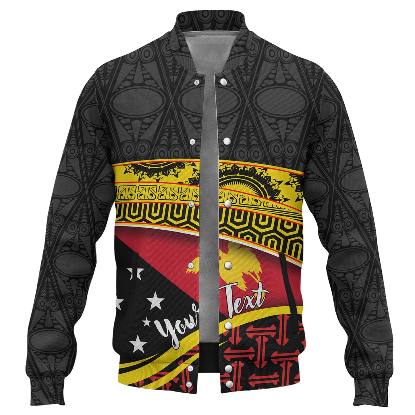Papua New Guinea Custom Personalized Baseball Jacket With Tribal Motif Independence Day 2023