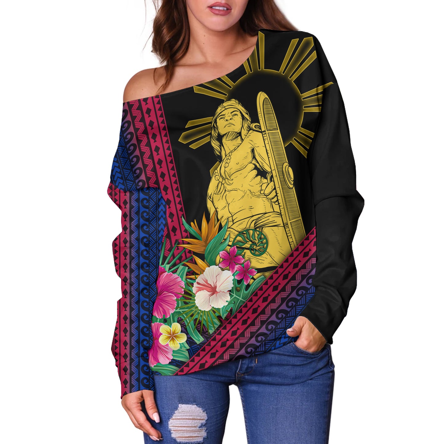 Philippines Filipinos Off Shoulder Sweatshirt Lapu Lapu Polynesia Pattern With Tropical Flower