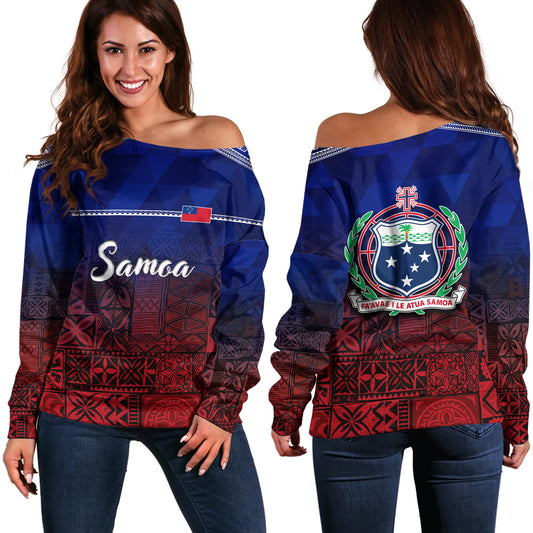 Samoa Off Shoulder Sweatshirt Lowpolly Pattern with Polynesian Motif