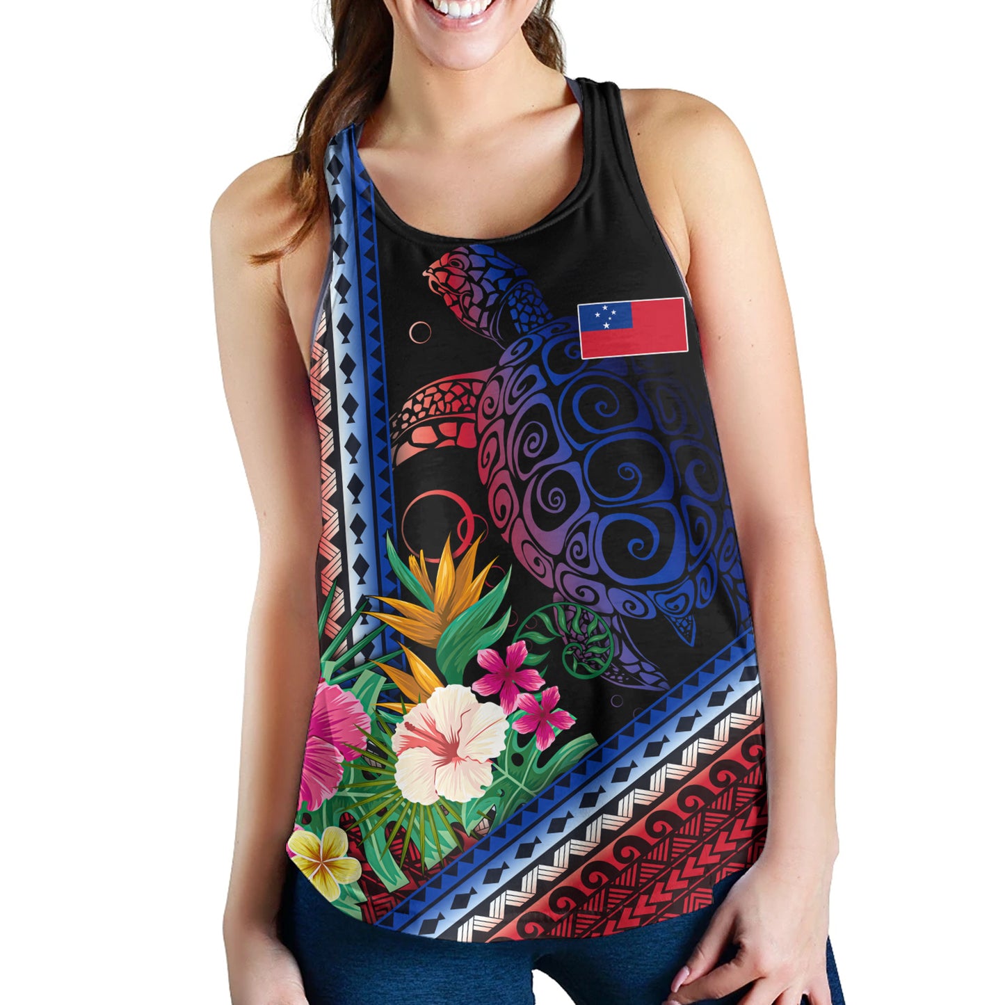 Samoa Women Tank Polynesia Pattern With Tropical Flower