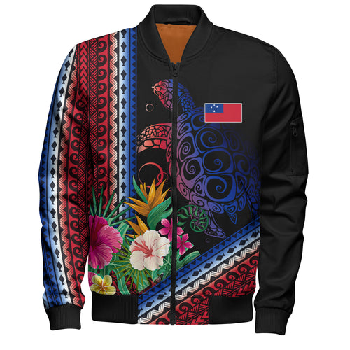 Samoa Bomber Jacket Polynesia Pattern With Tropical Flower