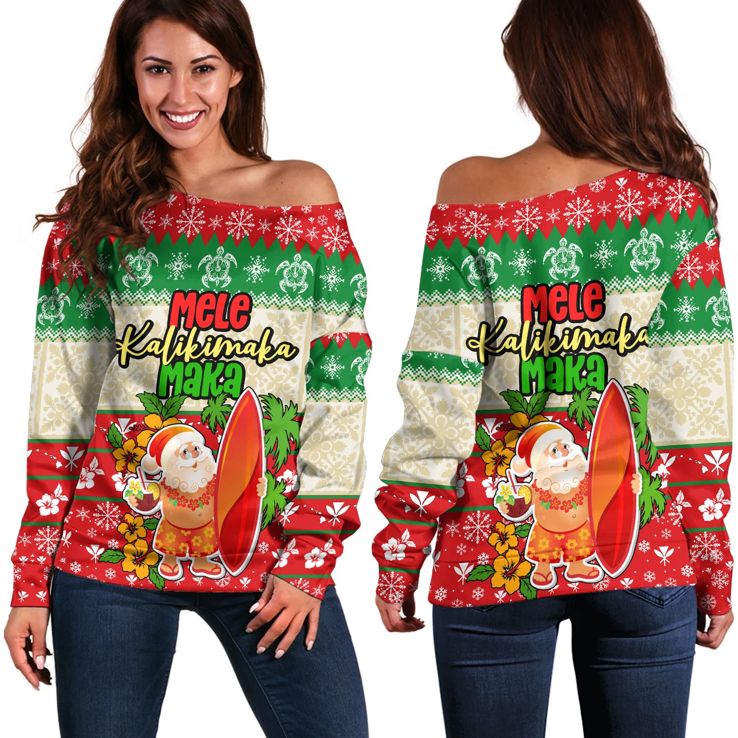 Hawaii Off Shoulder Sweatshirt Christmas Santa Claus Surfing Kanaka Maoli Pattern