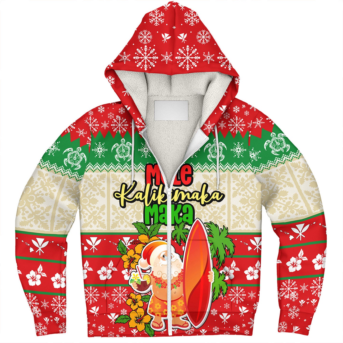 Hawaii Sherpa Hoodie Christmas Santa Claus Surfing Kanaka Maoli Pattern