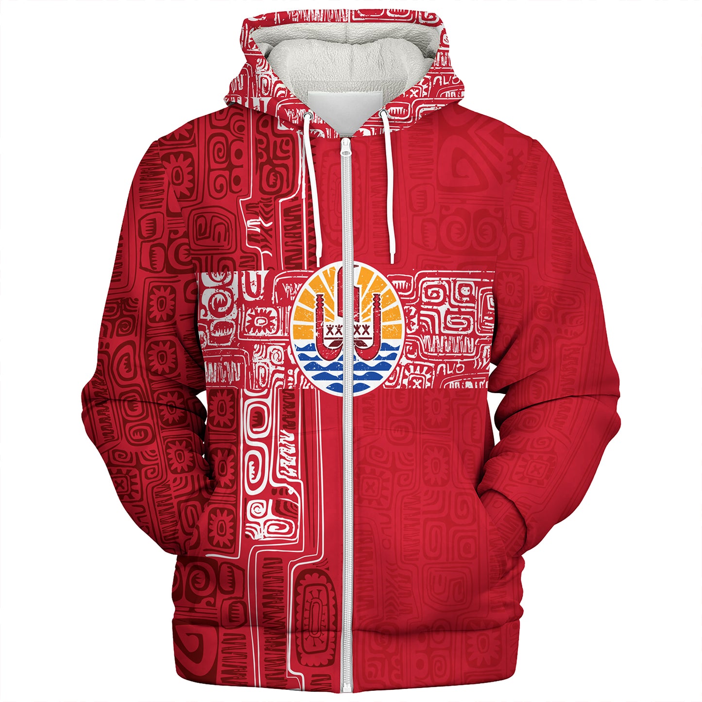 French Polynesia Sherpa Hoodie Tribal Pattern Tahiti Vintage Style