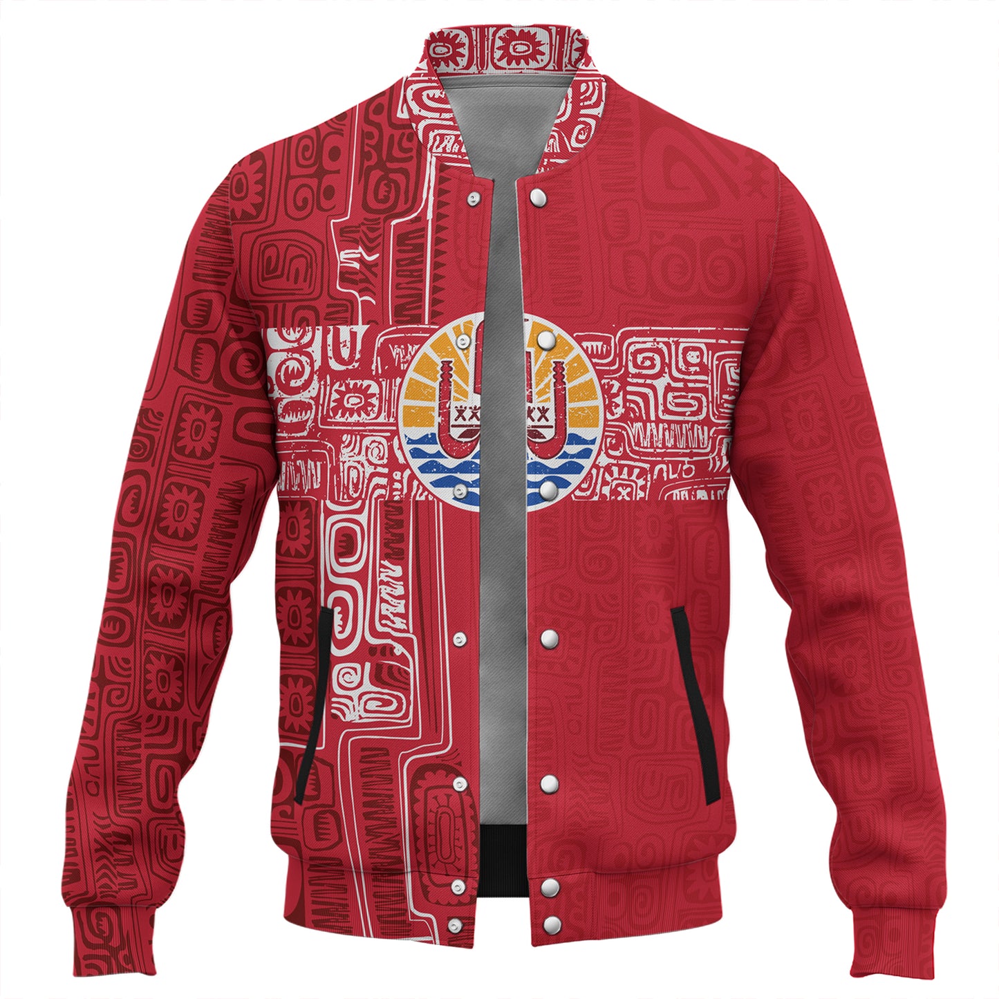 French Polynesia Baseball Jacket Tribal Pattern Tahiti Vintage Style