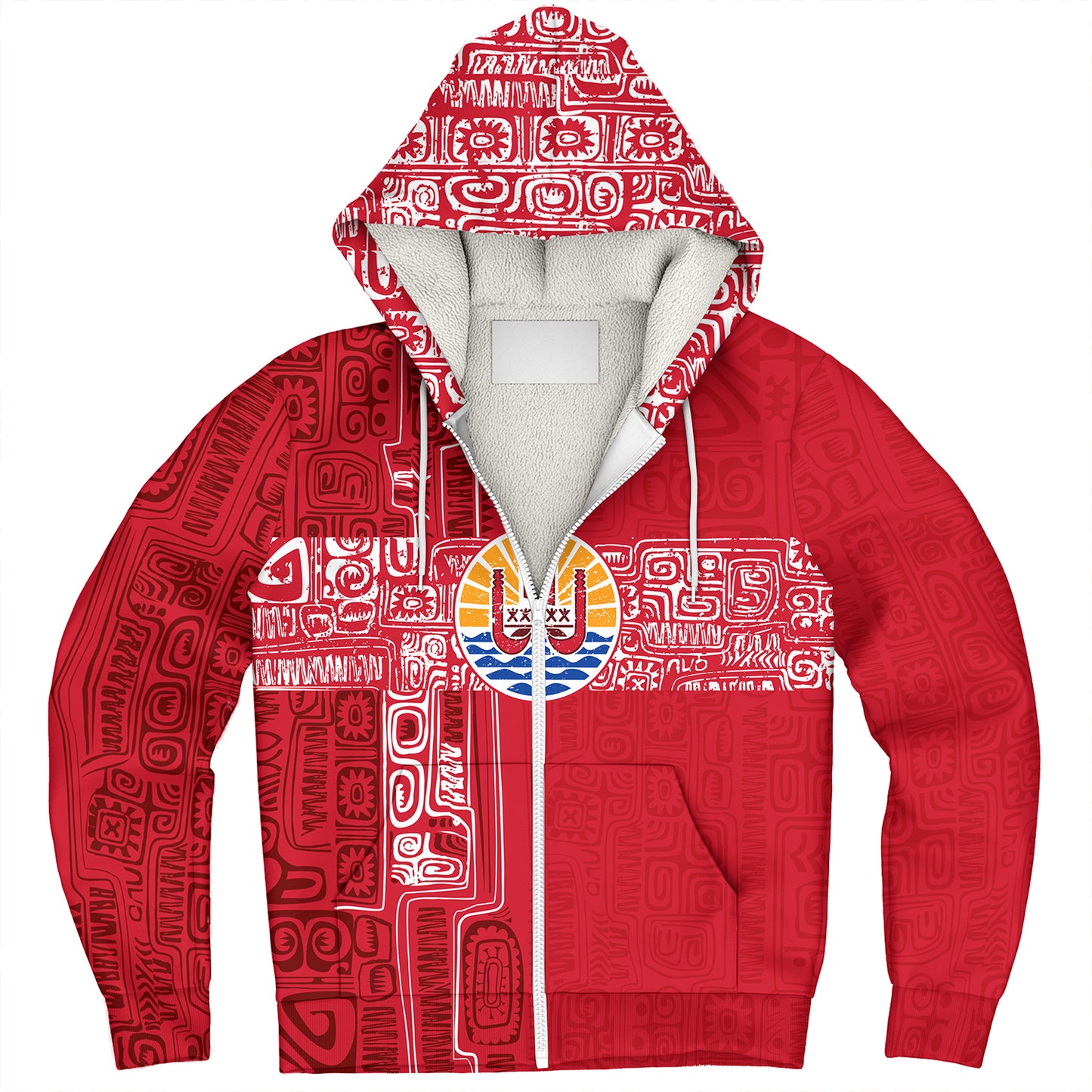 French Polynesia Sherpa Hoodie Tribal Pattern Tahiti Vintage Style
