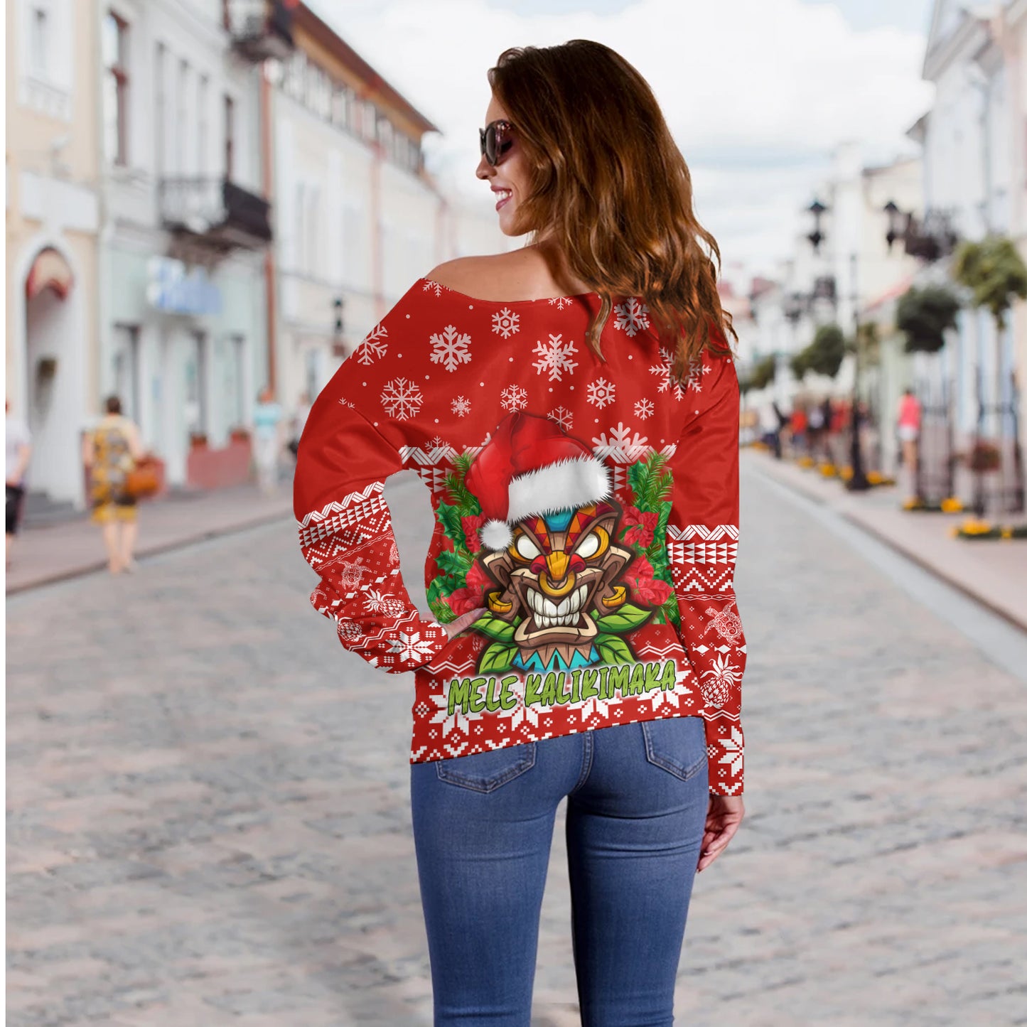 Hawaii Off Shoulder Sweatshirt Christmas Tiki Polynesian Pattern