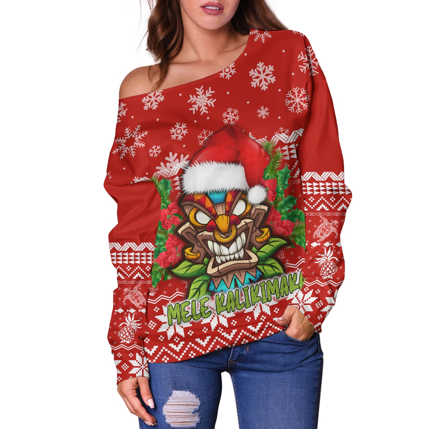 Hawaii Off Shoulder Sweatshirt Christmas Tiki Polynesian Pattern