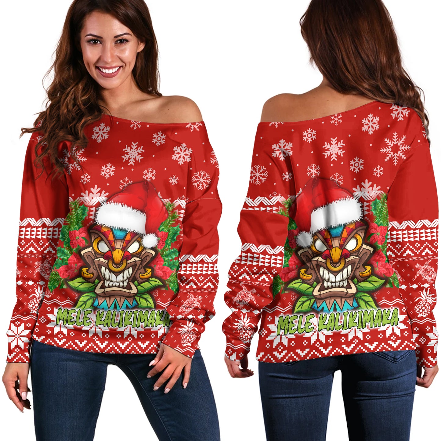 Hawaii Off Shoulder Sweatshirt Christmas Tiki Polynesian Pattern
