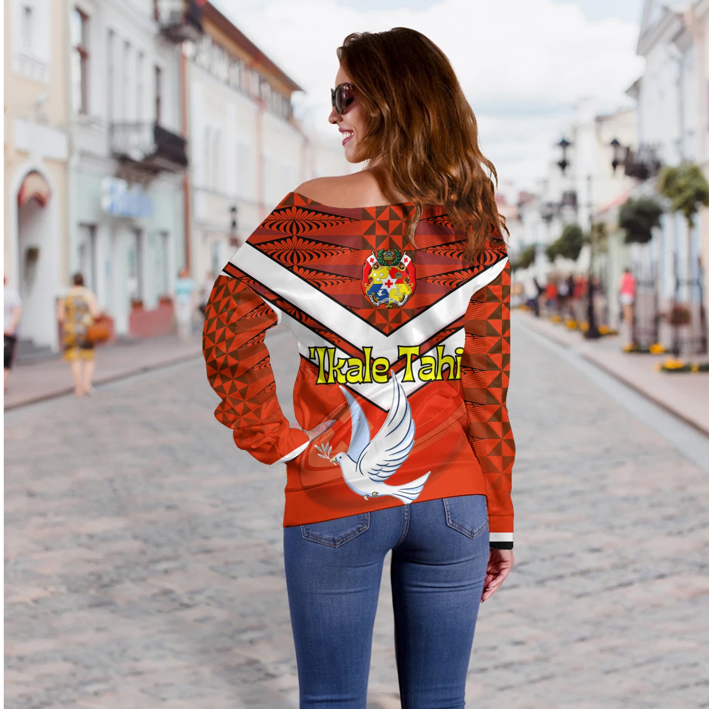 Tonga Off Shoulder Sweatshirt Tonga Tradition Patterns With Rugby Ball