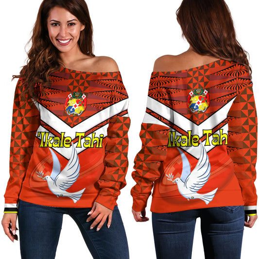 Tonga Off Shoulder Sweatshirt Tonga Tradition Patterns With Rugby Ball