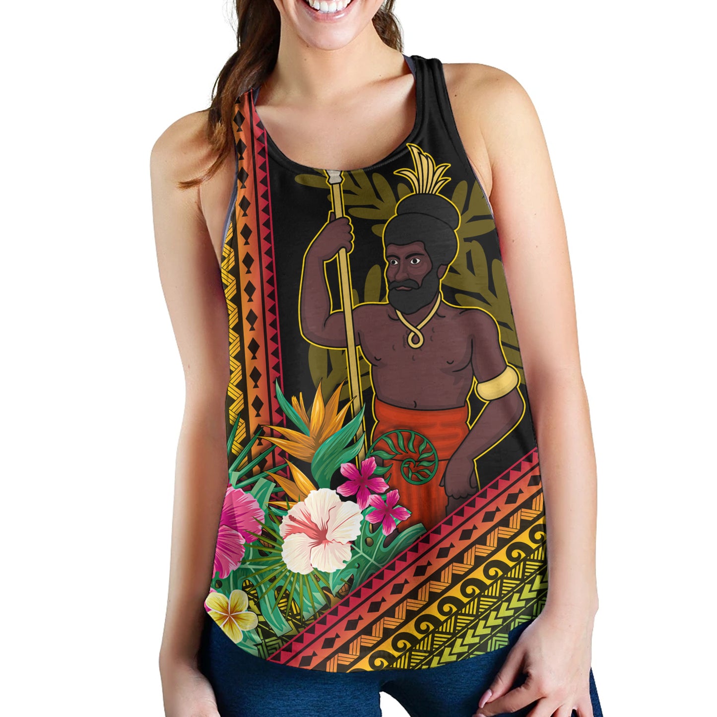 Vanuatu Women Tank Polynesia Pattern With Tropical Flower