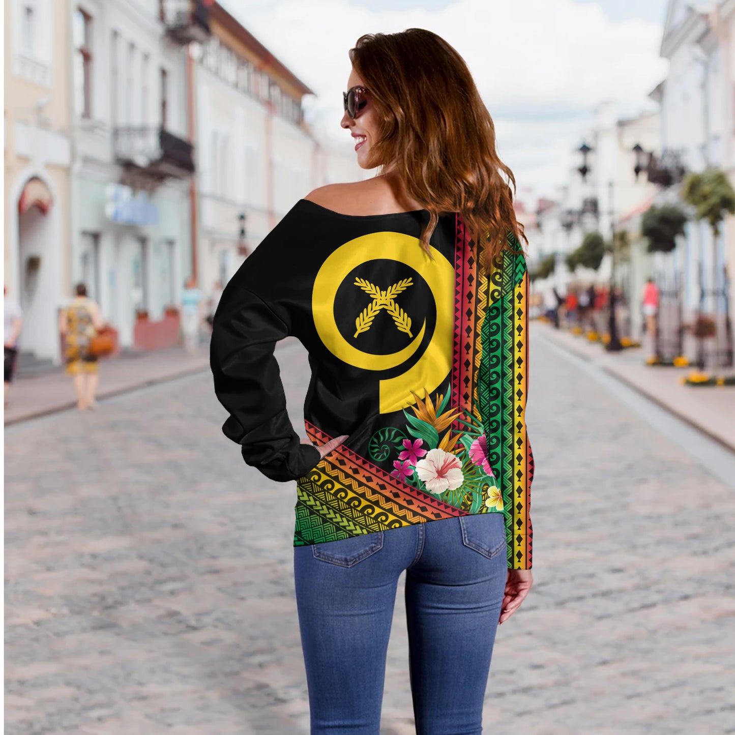 Vanuatu Off Shoulder Sweatshirt Polynesia Pattern With Tropical Flower