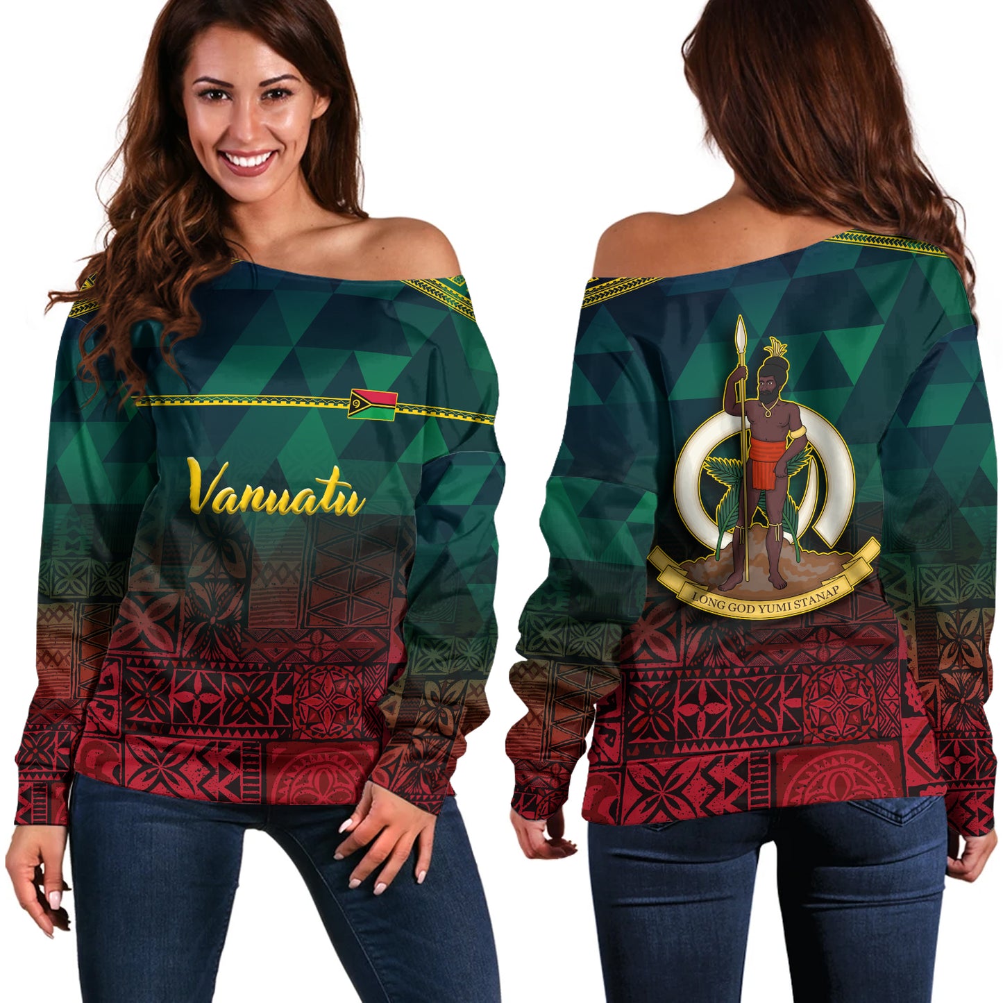 Vanuatu Off Shoulder Sweatshirt Lowpolly Pattern with Polynesian Motif
