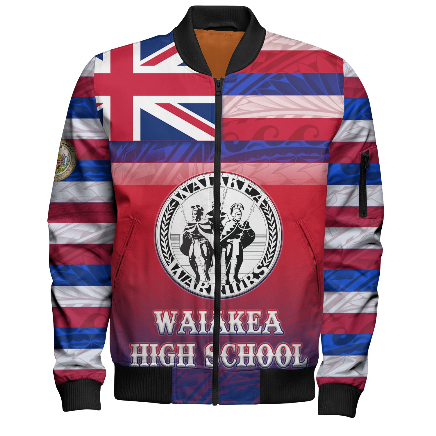 Hawaii Waiakea High School Bomber Jacket Flag Color With Traditional Patterns
