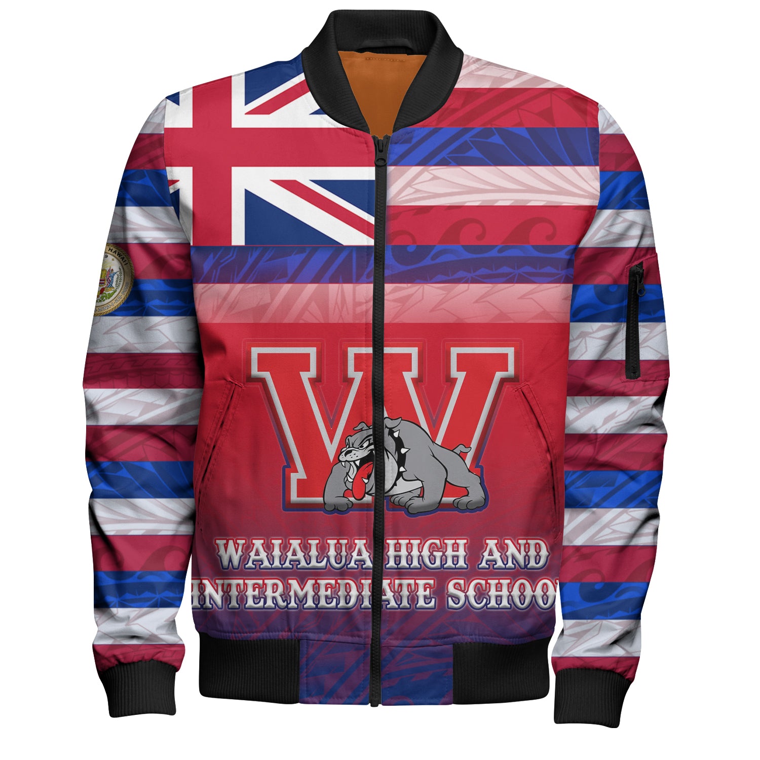 Hawaii Waialua High and Intermediate School Bomber Jacket Flag Color With Traditional Patterns