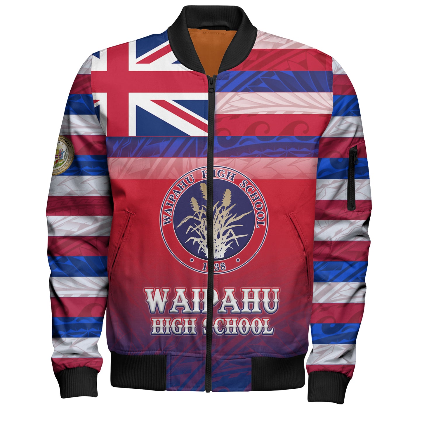 Hawaii Waipahu High School Bomber Jacket Flag Color With Traditional Patterns