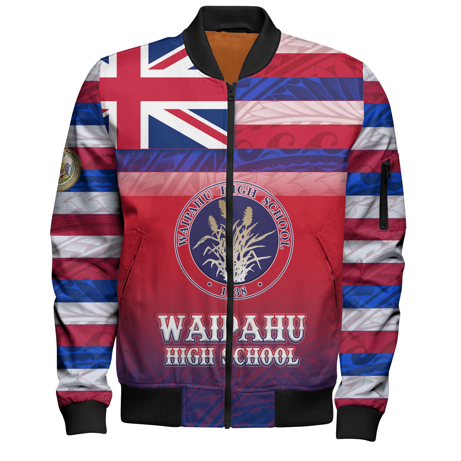 Hawaii Waipahu High School Bomber Jacket Flag Color With Traditional Patterns