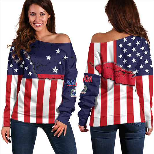 Samoa Off Shoulder Sweatshirt American Samoa Map With American Flag
