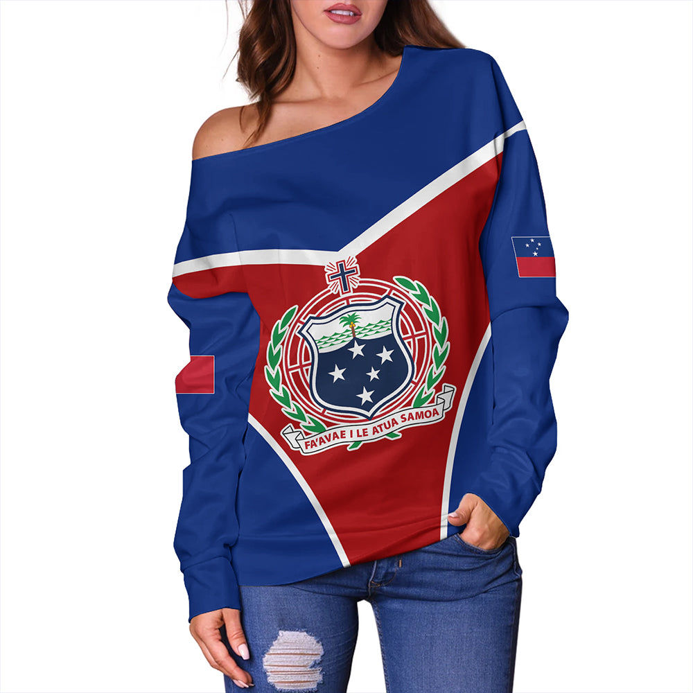 Samoa Off Shoulder Sweatshirt Samoa Flag And Coat Of Arms Style