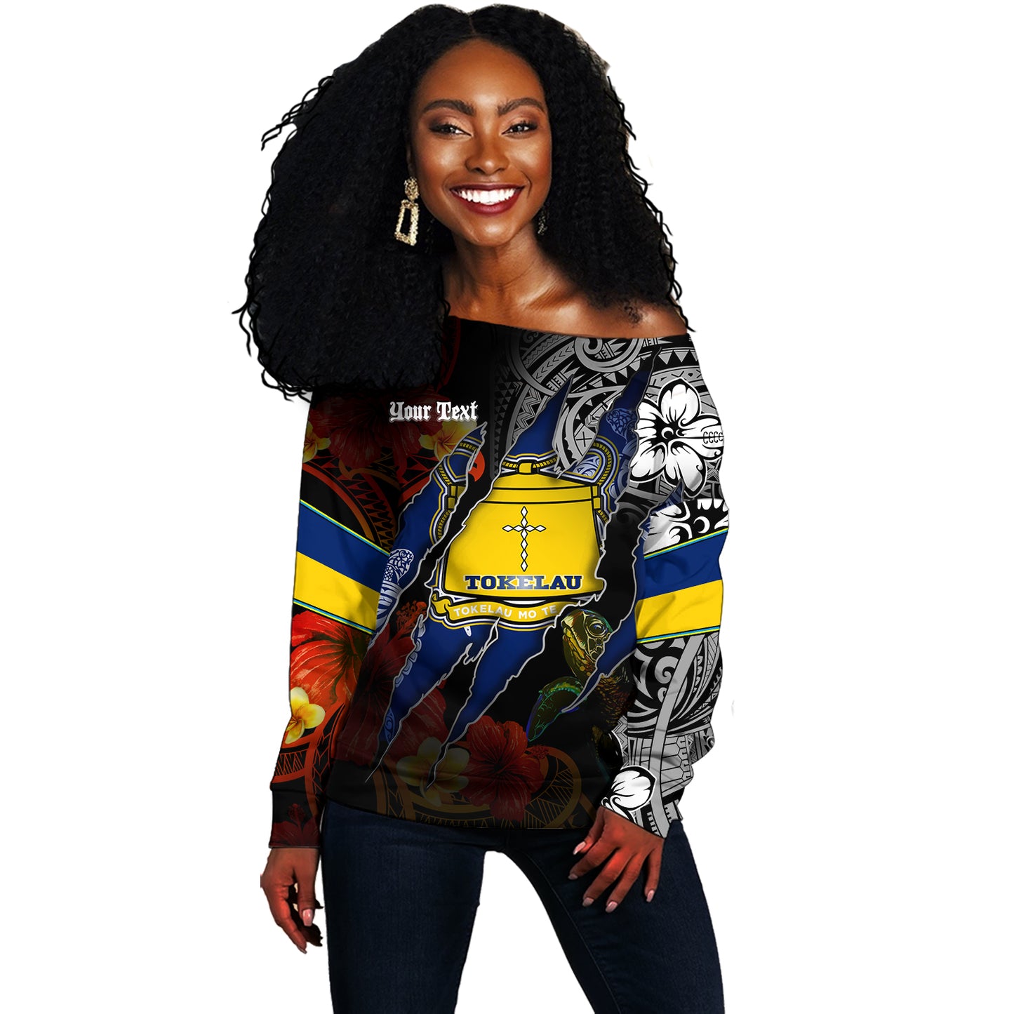Tokelau Off Shoulder Sweatshirt Custom Tokelauan Blood Inside Me Polynesian Sleeve Tattoo Tropical Black