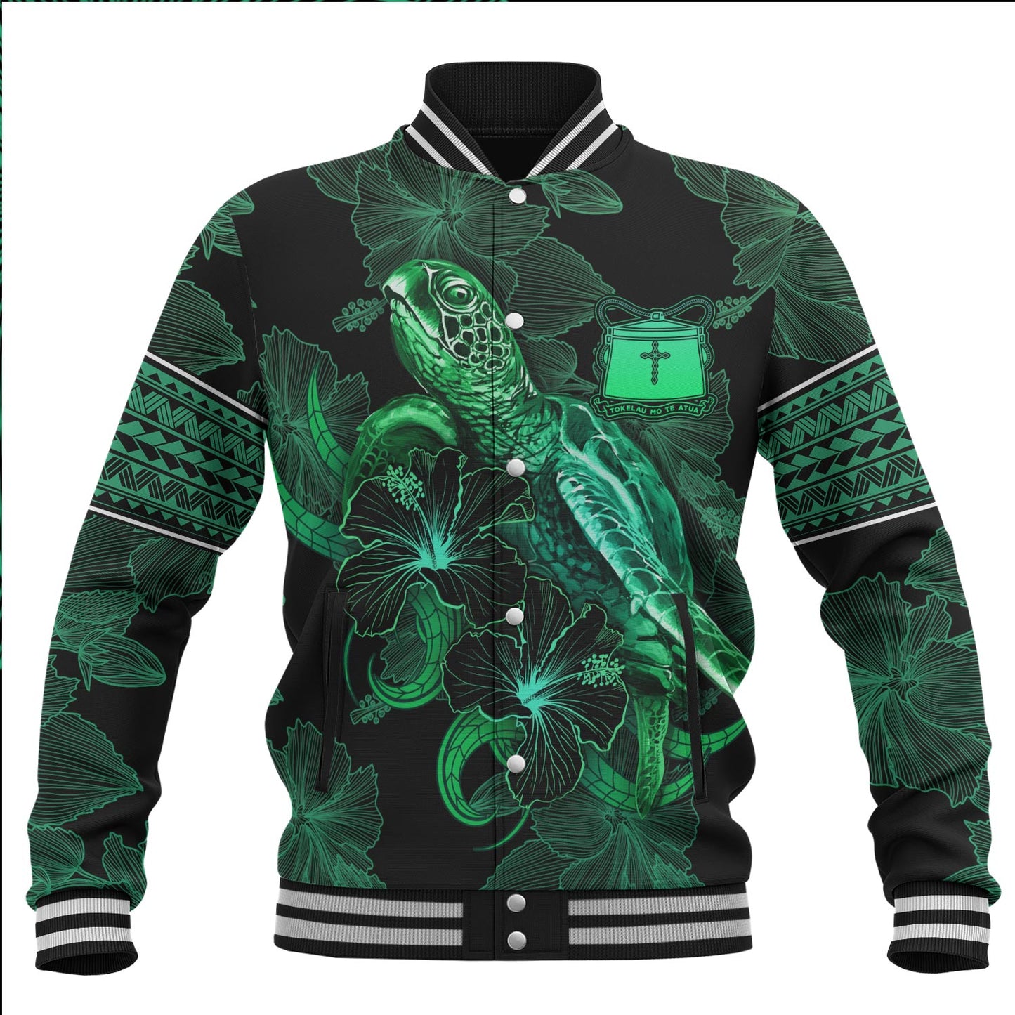 Tokelau Baseball Jacket Sea Turtle With Blooming Hibiscus Flowers Tribal Green