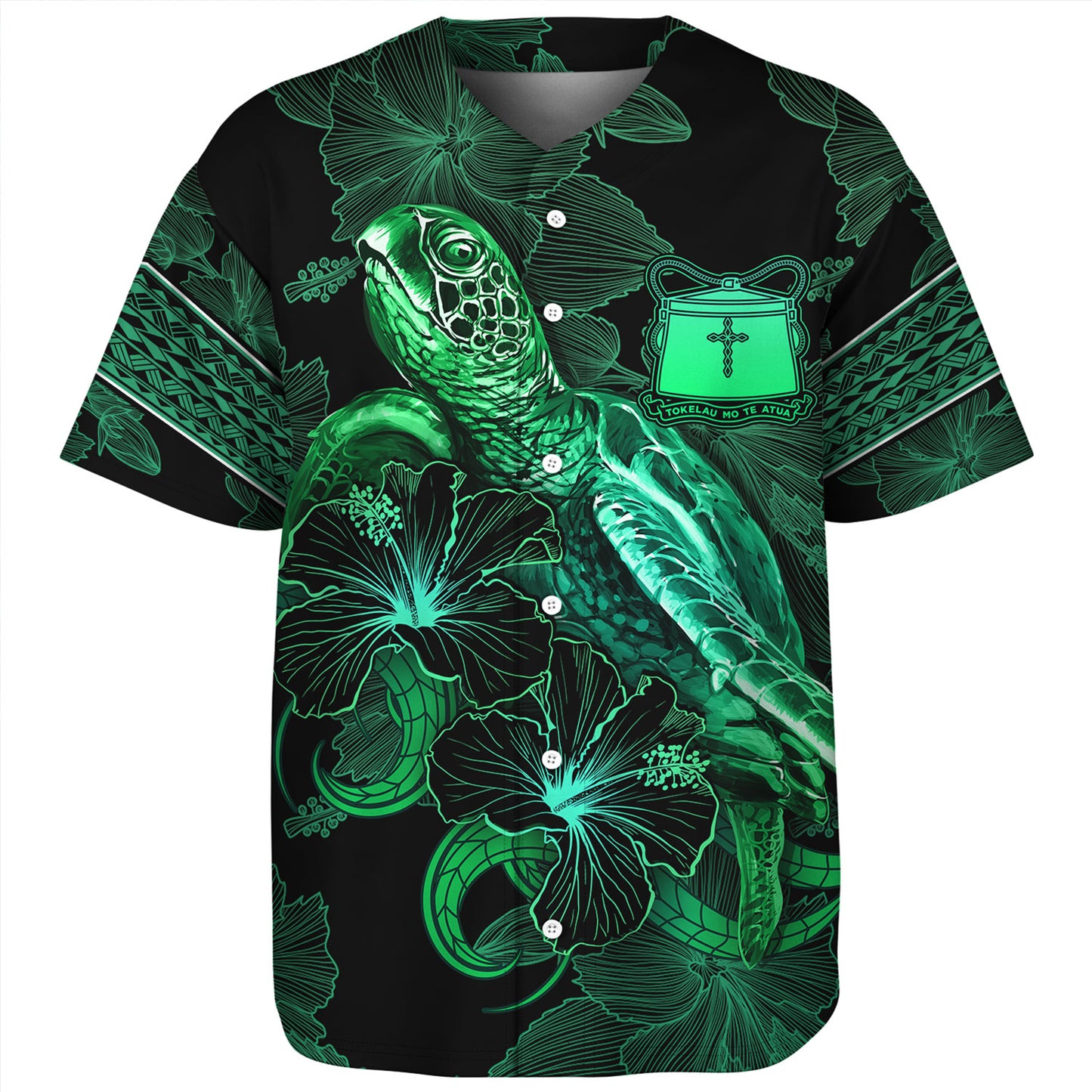 Tokelau Baseball Shirt  Sea Turtle With Blooming Hibiscus Flowers Tribal Green