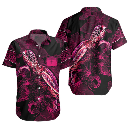 Tokelau Short Sleeve Shirt Sea Turtle With Blooming Hibiscus Flowers Tribal Maroon
