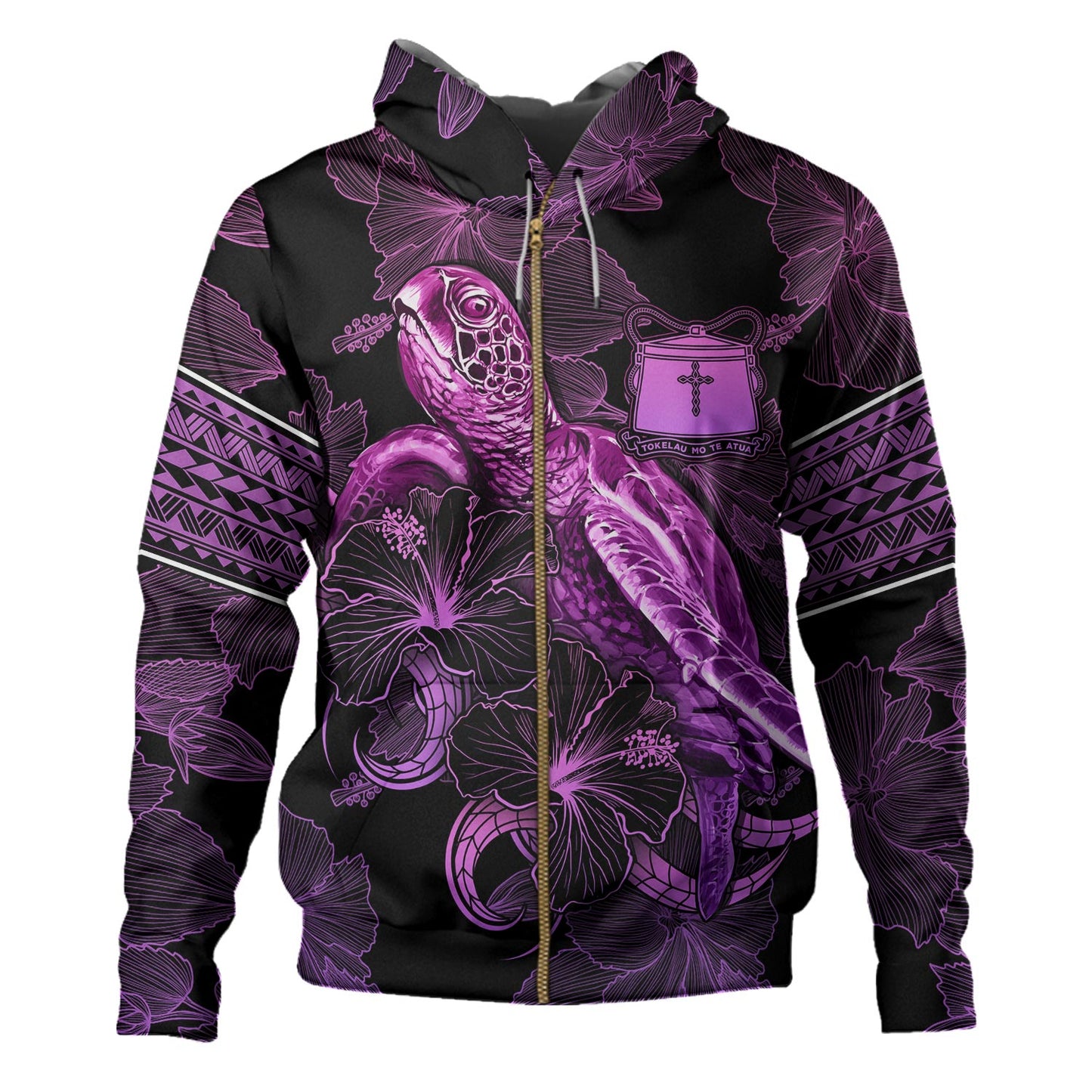 Tokelau Hoodie Sea Turtle With Blooming Hibiscus Flowers Tribal Purple