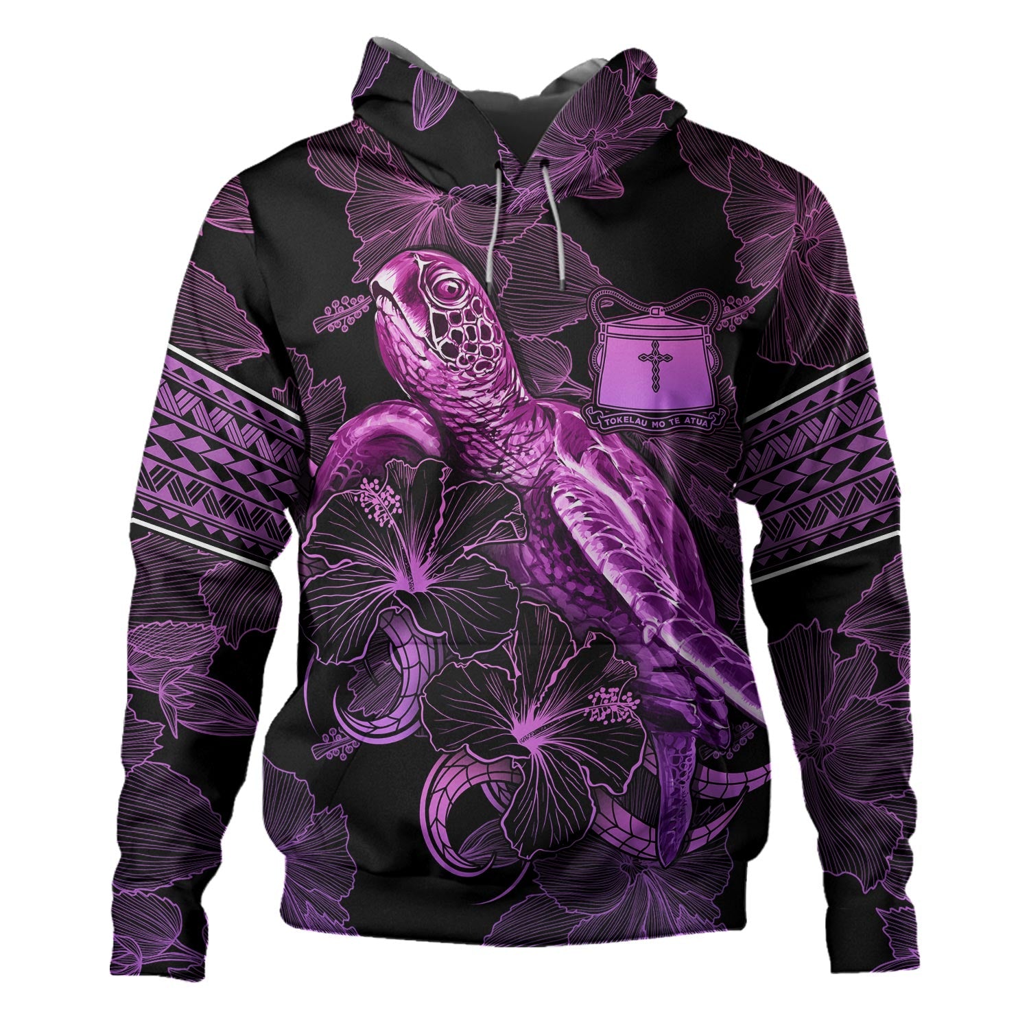 Tokelau Hoodie Sea Turtle With Blooming Hibiscus Flowers Tribal Purple