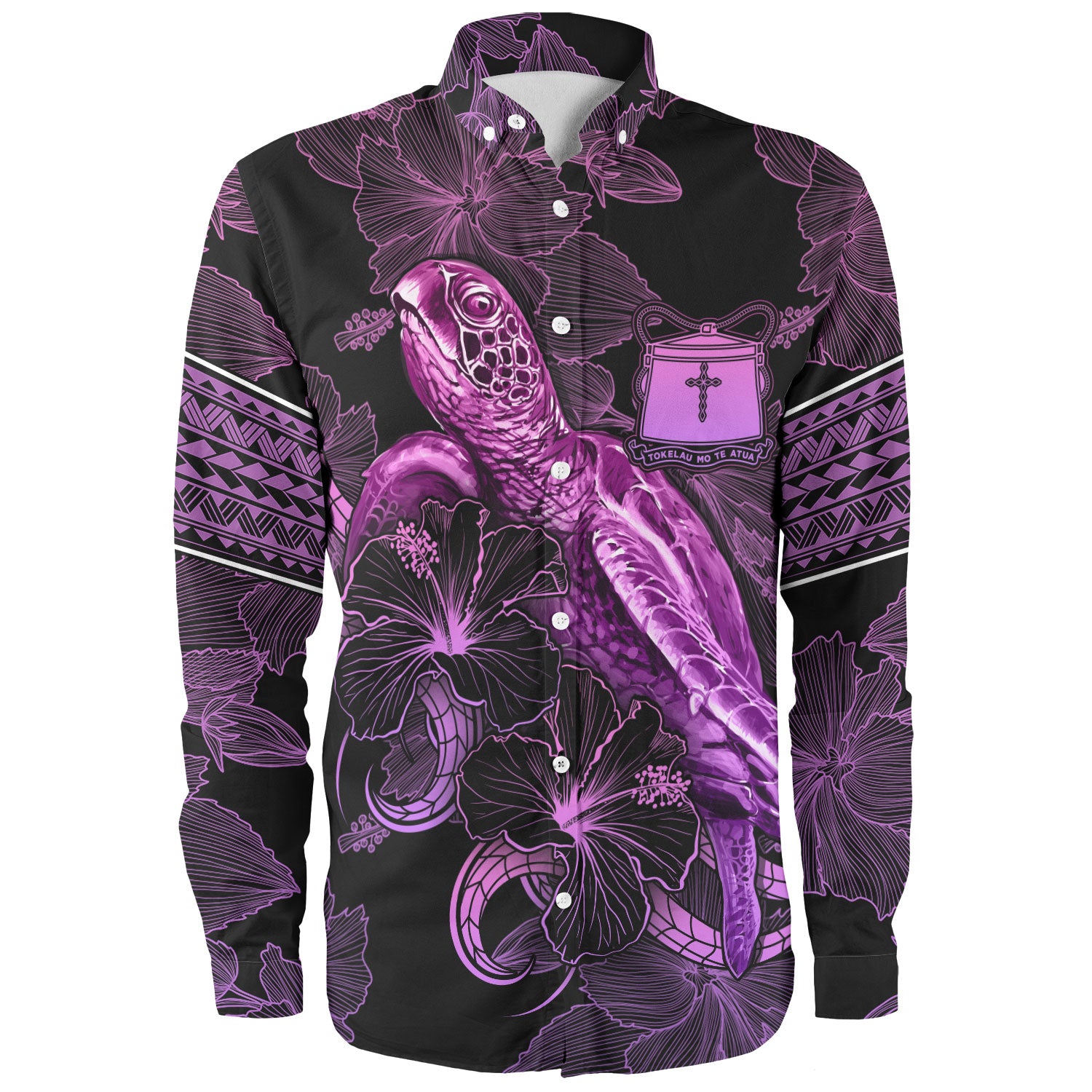 Tokelau Long Sleeve Shirt Sea Turtle With Blooming Hibiscus Flowers Tribal Purple