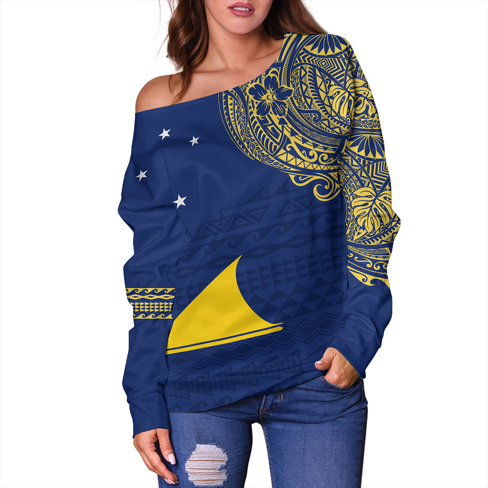Tokelau Off Shoulder Sweatshirt Polynesian Flag With Coat Of Arms