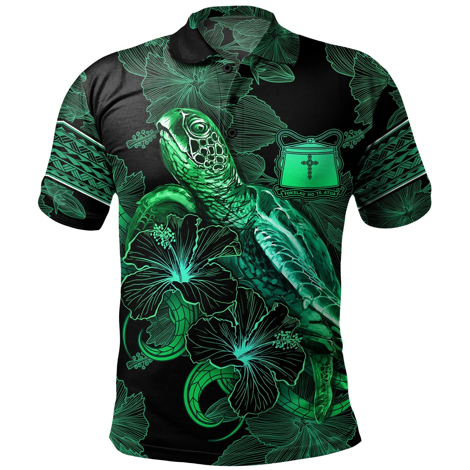 Tokelau Polo Shirt  Sea Turtle With Blooming Hibiscus Flowers Tribal Green