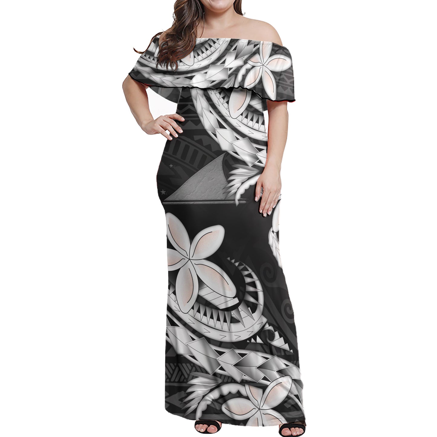 Tokelau Combo Off Shoulder Long Dress And Shirt Polynesian Patterns Plumeria Flowers Special Style