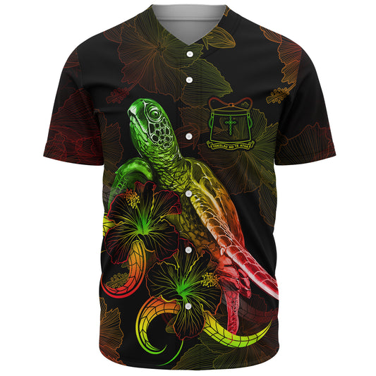 Tokelau Baseball Shirt Sea Turtle With Blooming Hibiscus Flowers Reggae