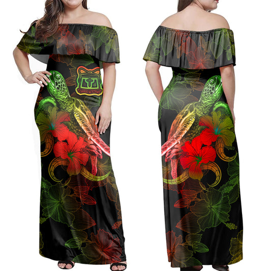 Tokelau Woman Off Shoulder Long Dress - Sea Turtle With Blooming Hibiscus Flowers Reggae