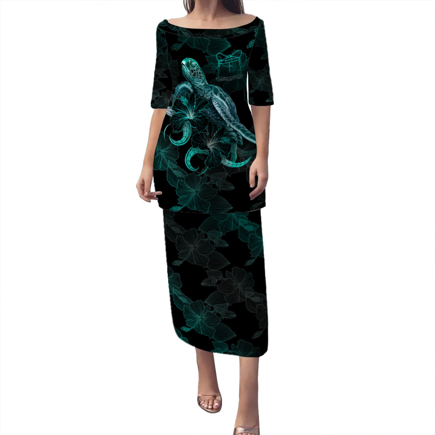 Tokelau Puletasi - Sea Turtle With Blooming Hibiscus Flowers Turquoise